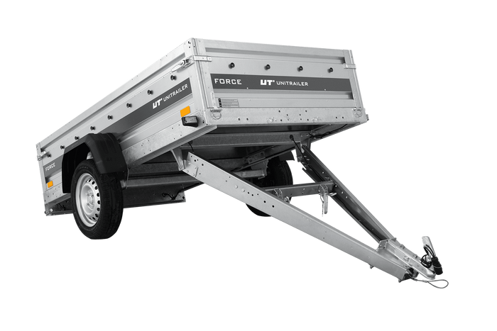Autotransportanhänger 230×125 UNITRAILER FORCE 230 KIPP mit BIS-Seitenwänden, H-800-Rahmen und blauer Plane-Neu