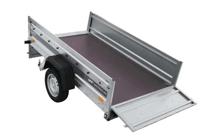 Einachsanhänger 230×125 UNITRAILER FORCE 230 KIPP mit Gitterseitenwänden, H-0-Rahmen und blauer Plane-Neu