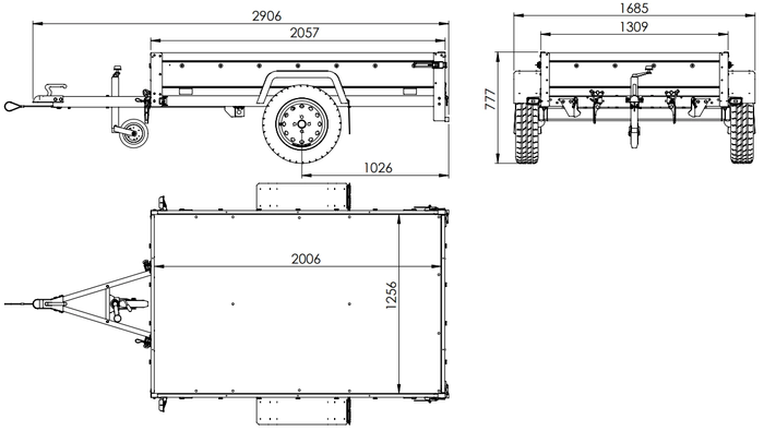 Einachsanhänger auf Federn 200×125 UNITRAILER GARDEN 201/R KIPP mit Gitterwänden, H-800-Rahmen und grauer Plane-Neu