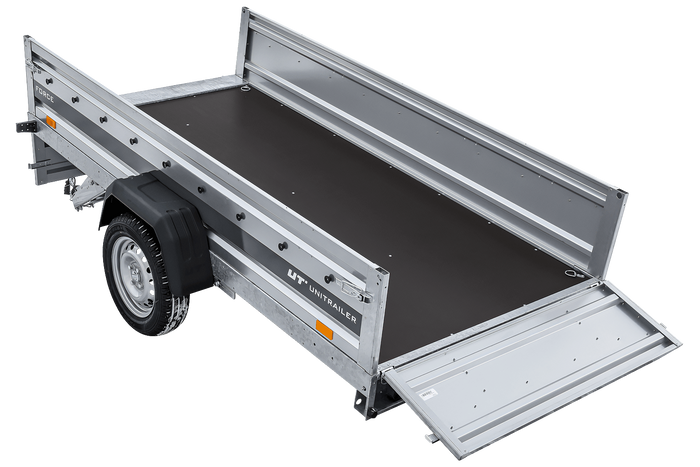 Einachsiger Anhänger auf Blattfedern 264×125 UNITRAILER FORCE 264/R KIPP mit BIS-Seitenwänden, H-0-Rahmen und grauer Plane-Neu